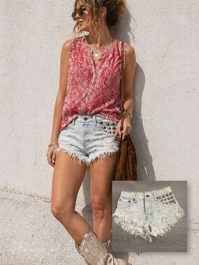 Denim Cutoff Jean Shorts. Studded Light Wash Distressed Shorts. Coastal Cowgirl